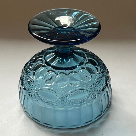 Vintage Embossed Blue Glass Pedestal Dessert, Ice Cream, Candy Dish - Picture 10 of 10